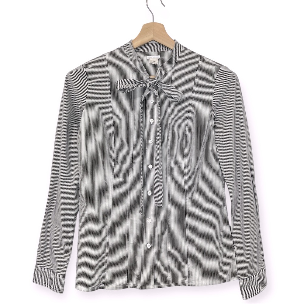 Club Monaco Tie Neck Button D Gray White Striped Top Blouse Shirt Size Small S